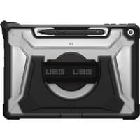Black and transparent Urban Armor Gear tablet case with rugged bumper and integrated stand for 12" tablets.
