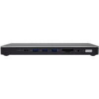 Black and silver V7 Thunderbolt 4 laptop dock with multiple USB ports, SD card slot, and audio jack.