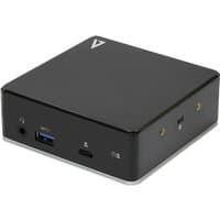 Black V7 USB-C docking station with dual HDMI, 3 USB 3.1 ports, 3.5mm audio, Gigabit Ethernet, and 85W power delivery.