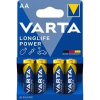 Varta AA 1.5V High Energy batteries, blue and yellow, in a 4-pack blister with "Longlife Power" text.