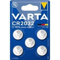 Varta CR2032 lithium button cell battery pack with five silver batteries on blue blister card.