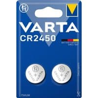 Varta CR2450 lithium button cell battery pack, two silver batteries on blue blister card with logo and product details.