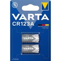 Varta CR123A 3V lithium batteries in blue packaging, two-blister pack with silver and blue battery design.