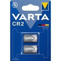 Varta CR2 3V lithium batteries in blue packaging, two silver batteries with branding, yellow and blue logo.