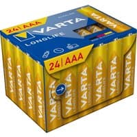 Varta Longlife AAA batteries, 24-pack, yellow and blue packaging with red accents, visible battery tops.