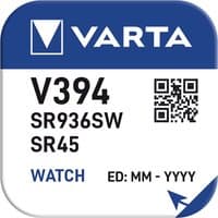 Varta SR45 silver-oxide watch battery in blue and white packaging with QR code and product details.