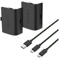 Venom twin rechargeable battery pack for Xbox Series X/S, black with USB-C ports, includes two braided USB-C cables.