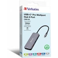 Silver Verbatim USB-C Pro Multiport Hub with 9 ports, compact design, and attached cable, supports 10000 Mbit/s.
