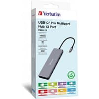 Verbatim CMH-13 silver USB Type-C hub with 13 ports, compact design, and attached cable in branded packaging.