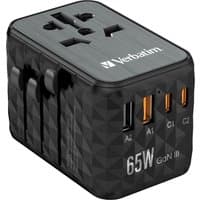 "Black Verbatim 65W GaN III travel adapter with 2 USB-C PD ports and universal plug sockets, geometric pattern design"