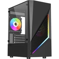 Black VIDA Genesis Tower computer case with angular design, tempered glass side, and RGB fan and front light strip.