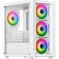 White VIDA Lucid computer case with four RGB fans, transparent side panel, and sleek modern design.