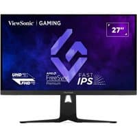 Viewsonic 27" 4K gaming monitor with slim bezels, black stand, and purple-blue screen graphics.