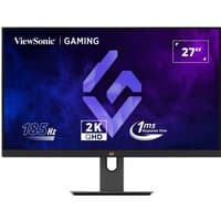 Black Viewsonic 27" monitor, 2560x1440 Quad HD, slim bezels, LED display with gaming graphics and specs on screen.