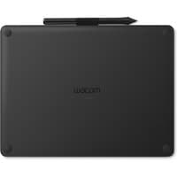 Black Wacom Intuos CTL-6100K-B graphic tablet, 216 x 135 mm, with stylus pen on top, USB connectivity.