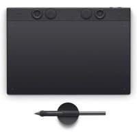 Black Wacom Intuos Pro Medium graphic tablet with three control buttons, USB port, and stylus pen.