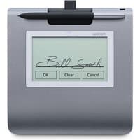 Grey Wacom STU-430 signature pad with 4.5" screen, stylus pen on top, and buttons labeled OK, Clear, Cancel.