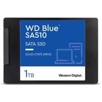 Black Western Digital Blue SA510 1TB SATA SSD with blue label and white text, featuring computer icons.