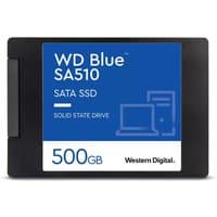 Black Western Digital Blue SA510 500GB SATA SSD with blue and white label featuring product details and logos.
