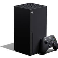 Black Xbox Series X console with vented top, vertical design, and matching wireless controller.