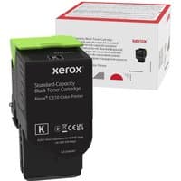 Black Xerox toner cartridge with green top, labeled for Xerox C310, next to a white box with red accents.