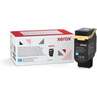 Cyan Xerox toner cartridge with black casing and red, white box, 1.8K pages capacity.