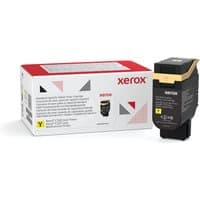 Yellow Xerox toner cartridge with black casing, next to a white and red box with geometric design.