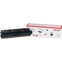 Xerox cyan toner cartridge, black with blue accents, next to white box with red and black geometric design.