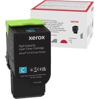 Black Xerox toner cartridge with green top, labeled for C310/C315 printers, next to branded white and red box.
