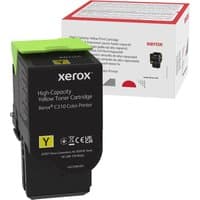 Yellow Xerox high-capacity toner cartridge for C310/C315 printers, black casing with green top, box in background.