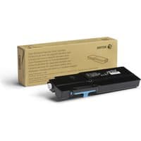 Xerox cyan toner cartridge for VersaLink C400/C405, black casing with blue handle, next to brown packaging box.