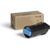 Black Xerox toner cartridge with blue cap, next to brown box packaging.