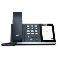 Yealink MP45 desk phone with black handset, numeric keypad, and color touchscreen display.