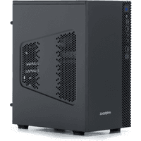 Black Zoostorm Delta desktop PC with mesh side panel, front USB ports, and no operating system.