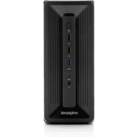 Black Zoostorm Evolve desktop tower with vertical front panel, multiple USB ports, and power button.