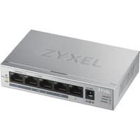Silver Zyxel GS1005HP Ethernet switch with five ports and PoE capability, compact design with logo on top.