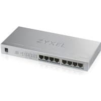 Silver Zyxel GS1008HP Ethernet switch with 8 ports, PoE capability, and sleek rectangular design.