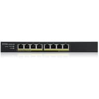 Black Zyxel GS1915-8EP switch with 8 Ethernet ports, PoE capability, and LED indicators on the front panel.