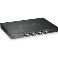 Black Zyxel GS1920-24HPv2 Ethernet switch with 24 ports, PoE capability, and sleek, rectangular design.