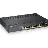 Black Zyxel GS1920-8HPv2 Ethernet switch with 8 PoE ports, LED indicators, and vented top surface.