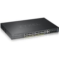 Black Zyxel GS2220-28HP managed L2 Gigabit Ethernet switch with 24 PoE ports and 4 SFP ports, sleek rectangular design.