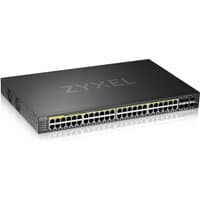 Black Zyxel GS2220-50HP network switch with 48 Ethernet ports, PoE capability, and sleek, rectangular design.