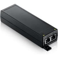 Black rectangular Zyxel POE12-30W 2.5 Gigabit Ethernet injector with two Ethernet ports and LED indicators.
