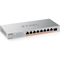 Silver Zyxel XMG-108HP Ethernet switch with 8 ports, PoE capability, and LED indicators on the front panel.
