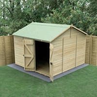 Black grid-style plastic shed base kit on grass, designed for 10x10 sheds, with interlocking panels.