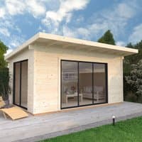 Wooden log cabin with large glass sliding doors, flat roof, and natural finish, set on a wooden deck in a garden.