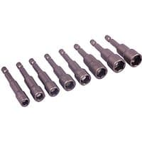 Set of eight black magnetic nut drivers with hexagonal tips and varying sizes, designed for use with power drills.