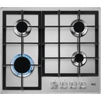 Stainless steel AEG 60cm gas hob with four burners and black cast iron pan supports.