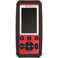 Red and black Autel MOT Pro II diagnostic tool with screen and control buttons, including OK and arrow keys.