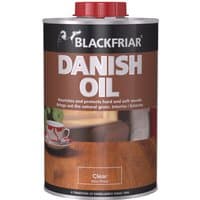 Blackfriar Danish Oil Clear 250ml can with red cap, brown label, and wood grain image.